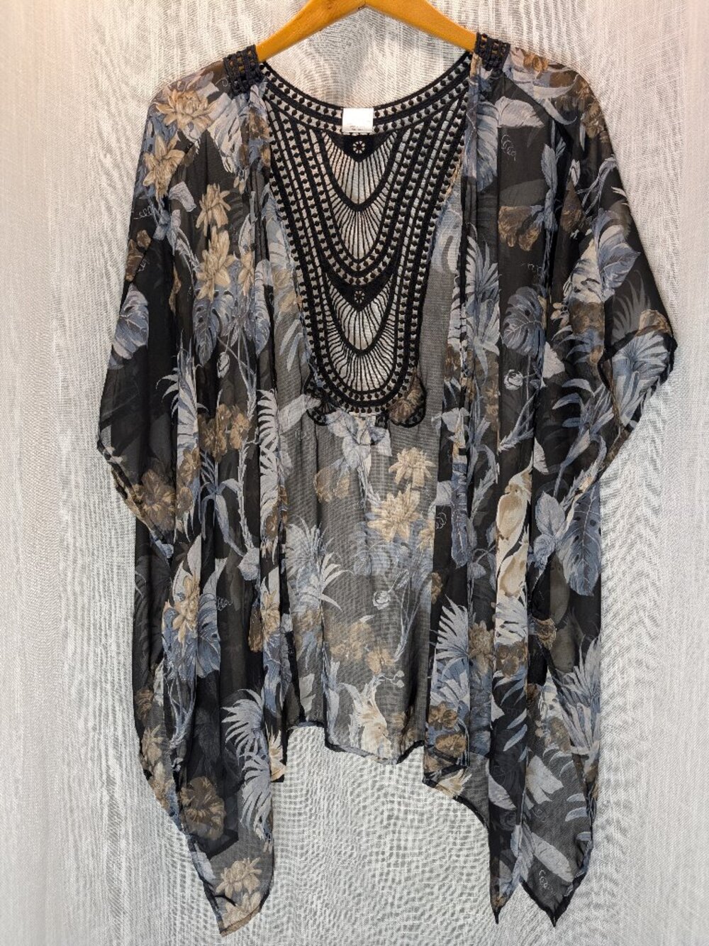 Sheer Kimono black with Parrots and flowers Duster Cardigan OS